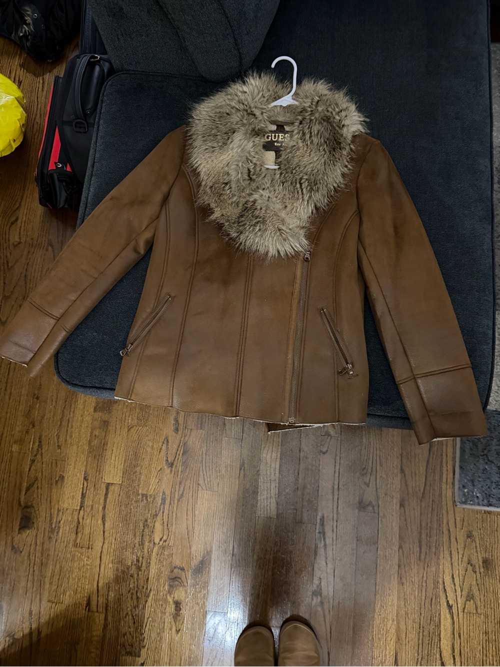 GUESS Brown Leather Jacket with Faux Fur Collar
